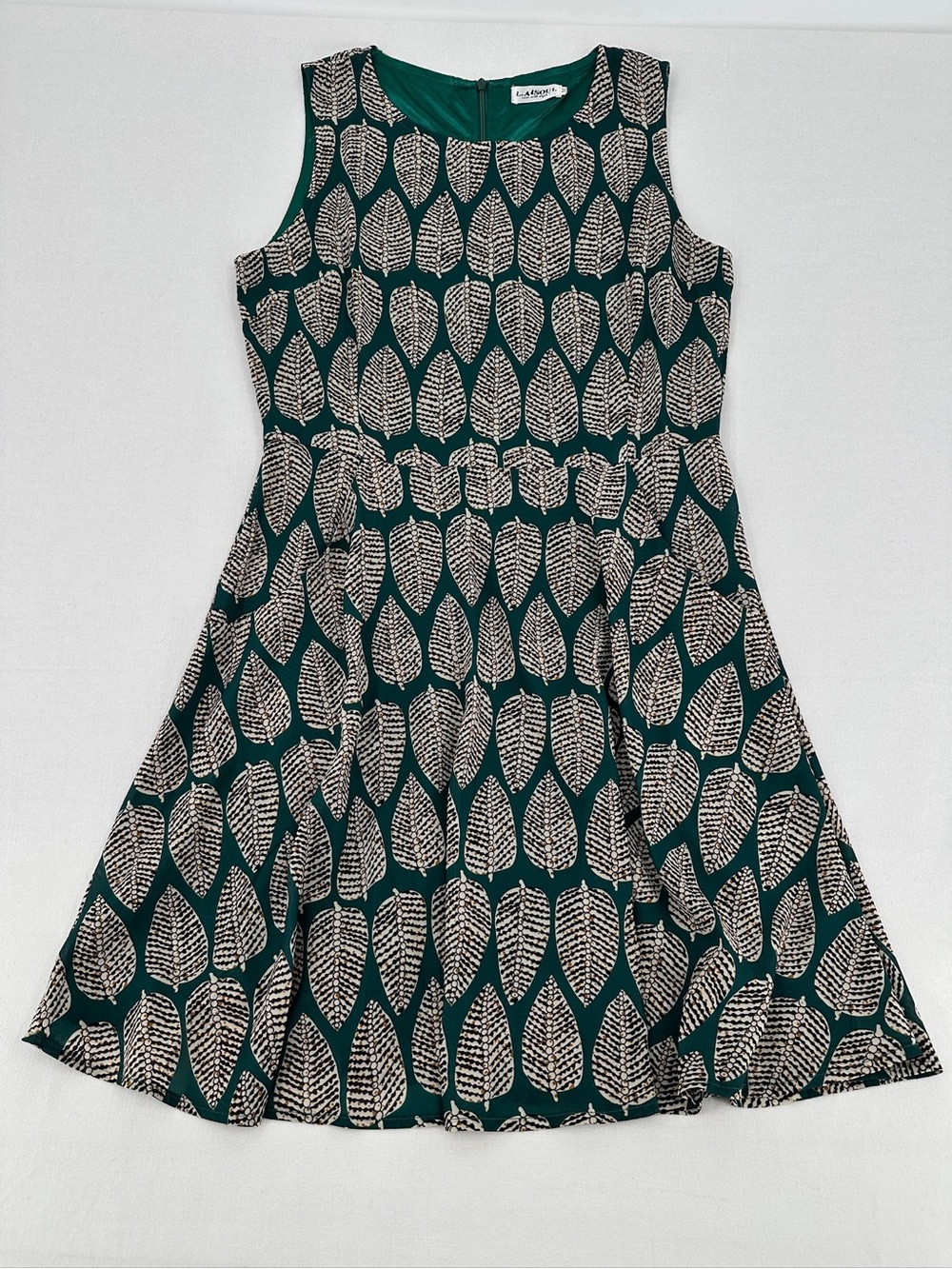Forest Green Graphic Leaf Print Fit & Flare Dress Retro Mod Botanical M